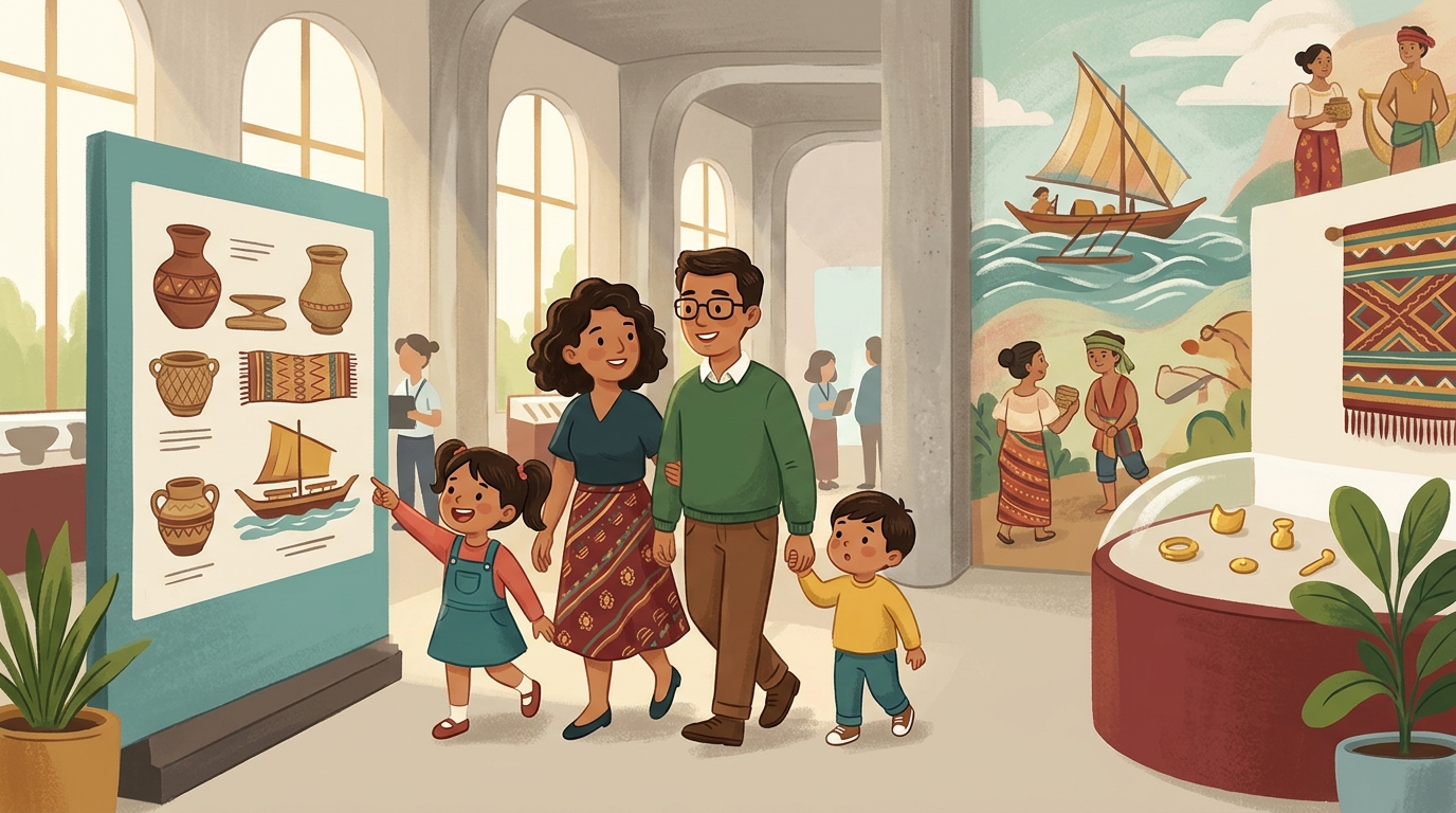 Cartoon illustration of a family at Ayala Museum: a two-hour family-friendly introduction to Philippine art, history, and culture.