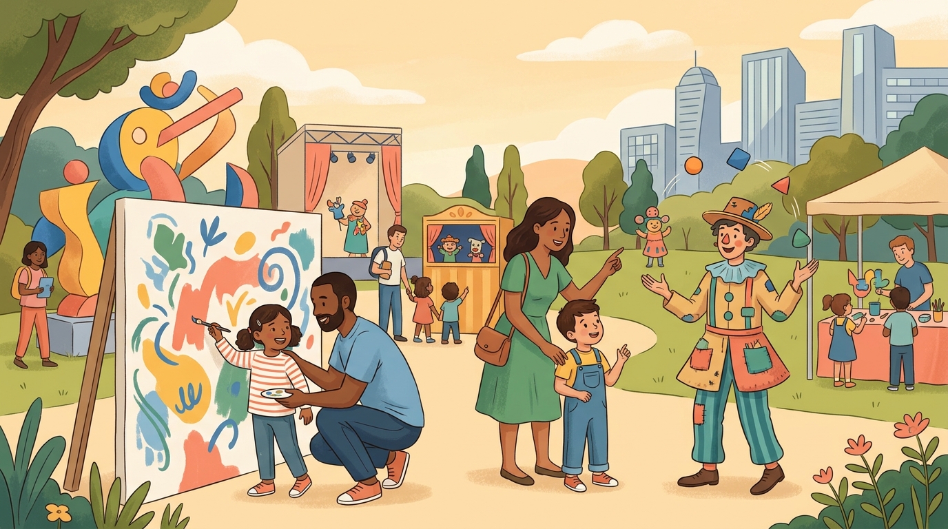 Cartoon illustration of a family at Multiple venues across Taipei: a major city-wide arts festival created for children and families.