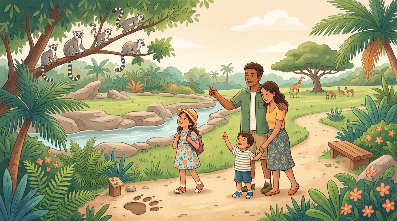 Cartoon illustration of a family at Singapore Zoo, Singapore.