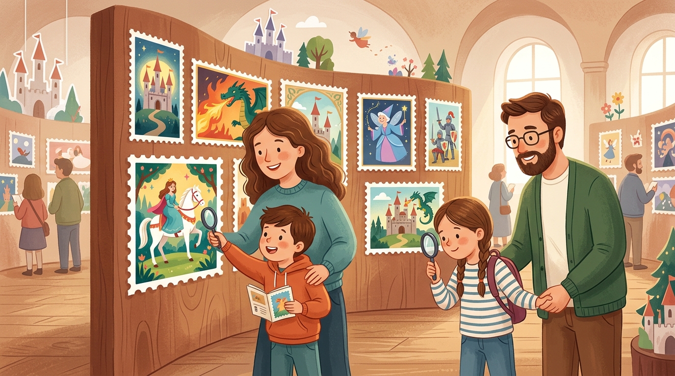 Cartoon illustration of a family at Postal Museum Taipei Branch: a free fairy-tale exhibition told through postage stamps.