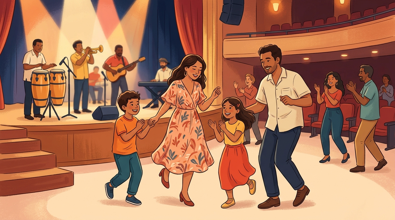 Cartoon illustration of a family at Robert’s Theatre at The Campus Ampang: A family-friendly evening of Latin jazz and dance for ages 7 and above.