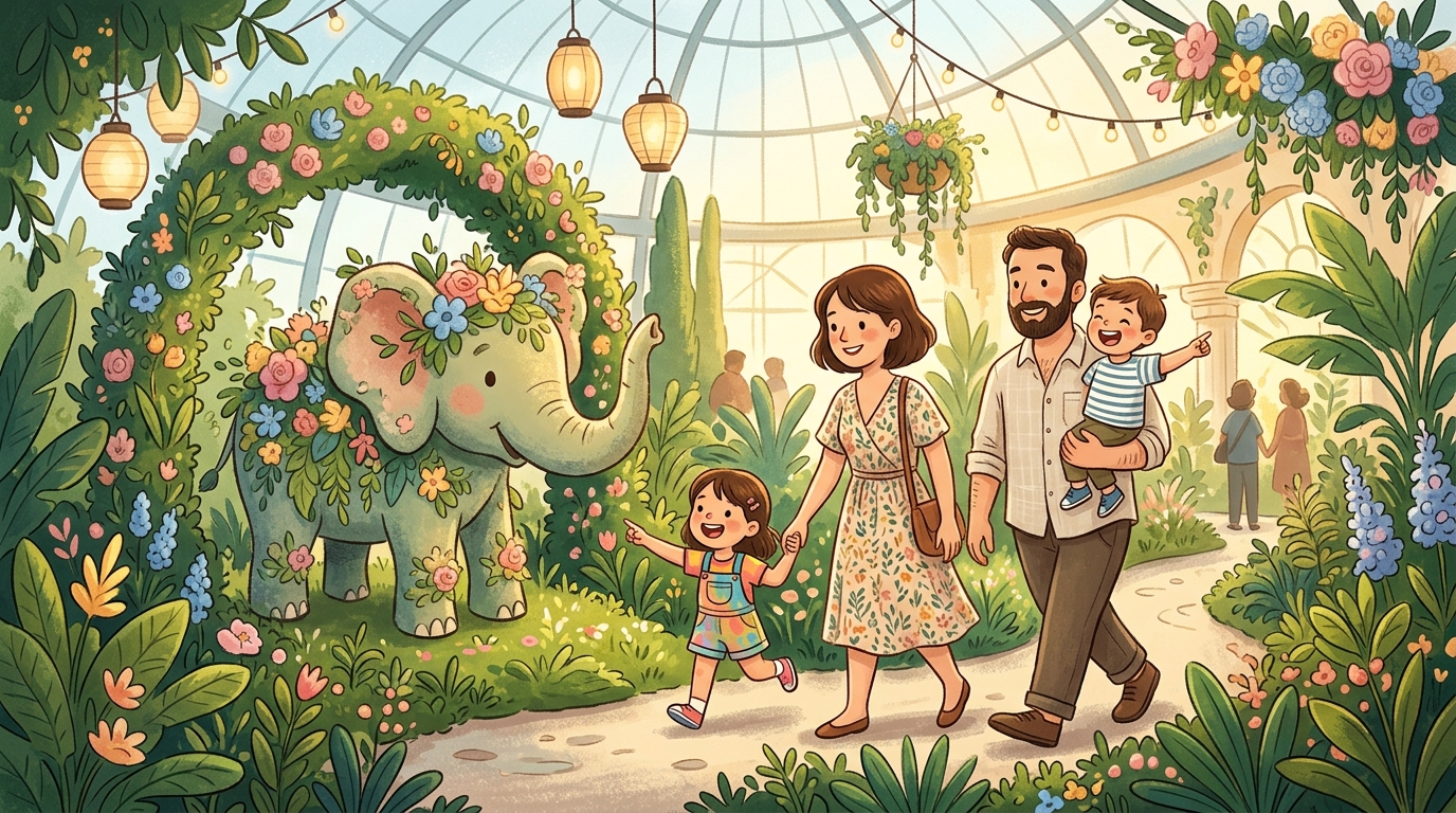Cartoon illustration of a family at Floral Fantasy, Gardens by the Bay: disney and Pixar characters presented through floral art.