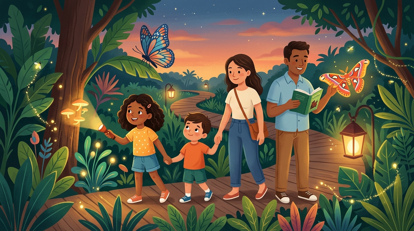 Cartoon illustration of a family at Entopia by Penang Butterfly Farm: an after-dark family nature experience from Thursday to Sunday.