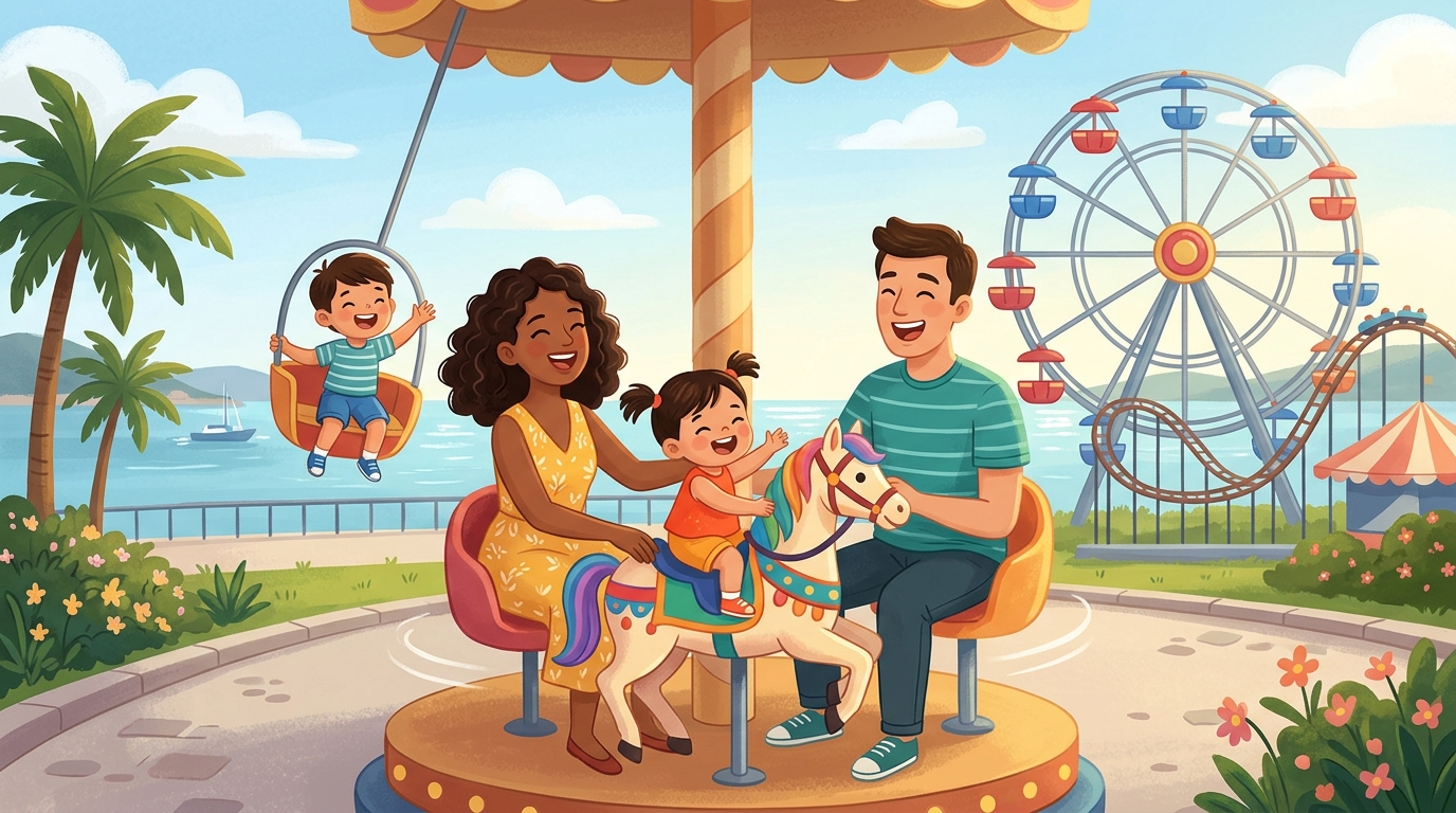 Cartoon illustration of a family at SM by the Bay Amusement Park: a four-hour family amusement session with eight included waterfront rides.