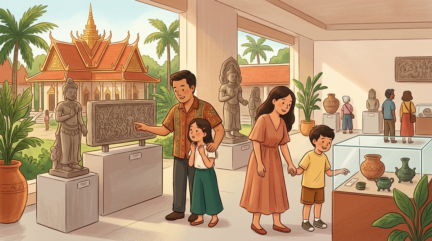 Cartoon illustration of a family at National Museum of Cambodia: discover Khmer art and heritage in central Phnom Penh.