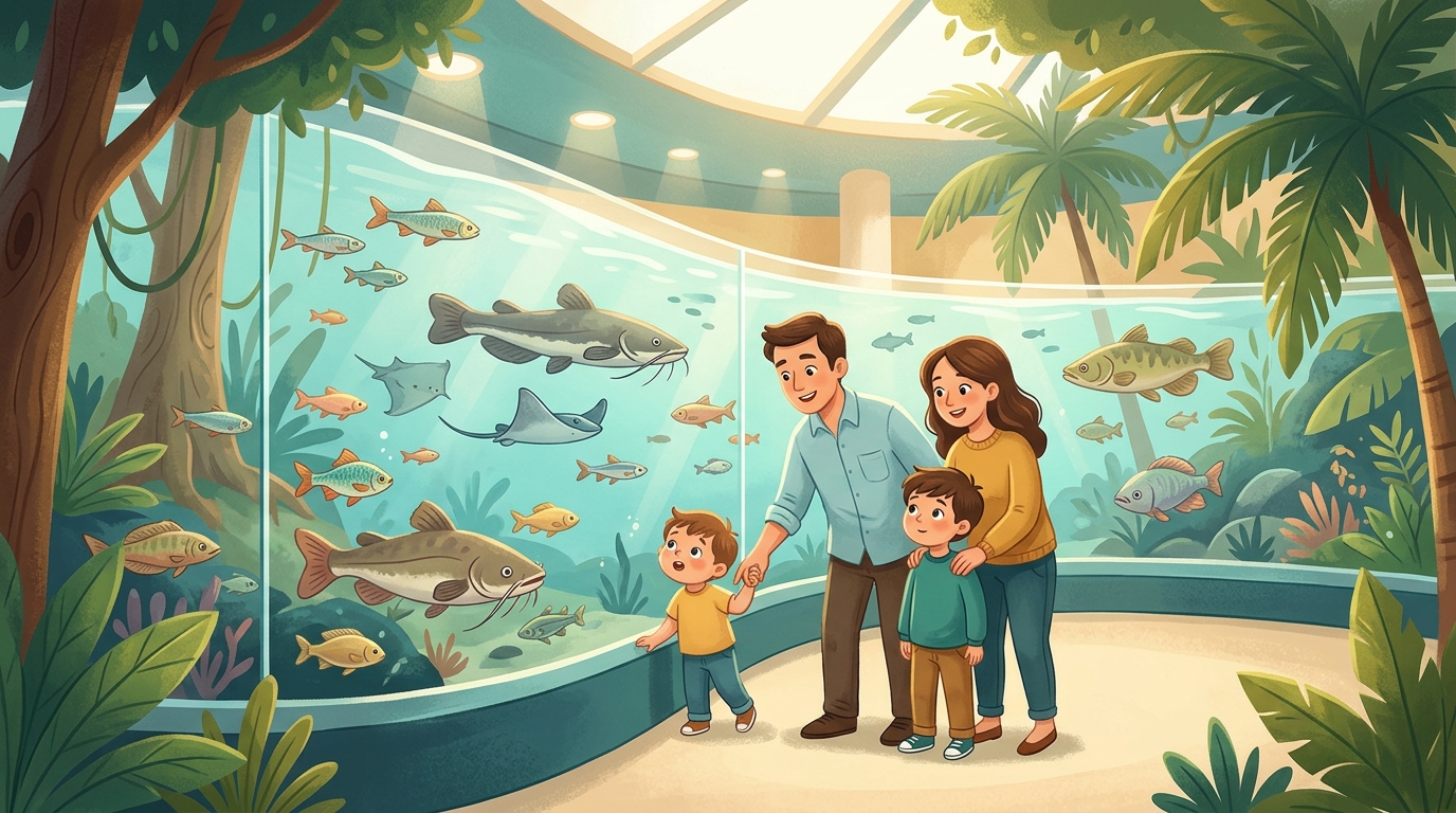 Cartoon illustration of a family at Angkor Wildlife & Aquarium: aquarium and wildlife discovery near Siem Reap.