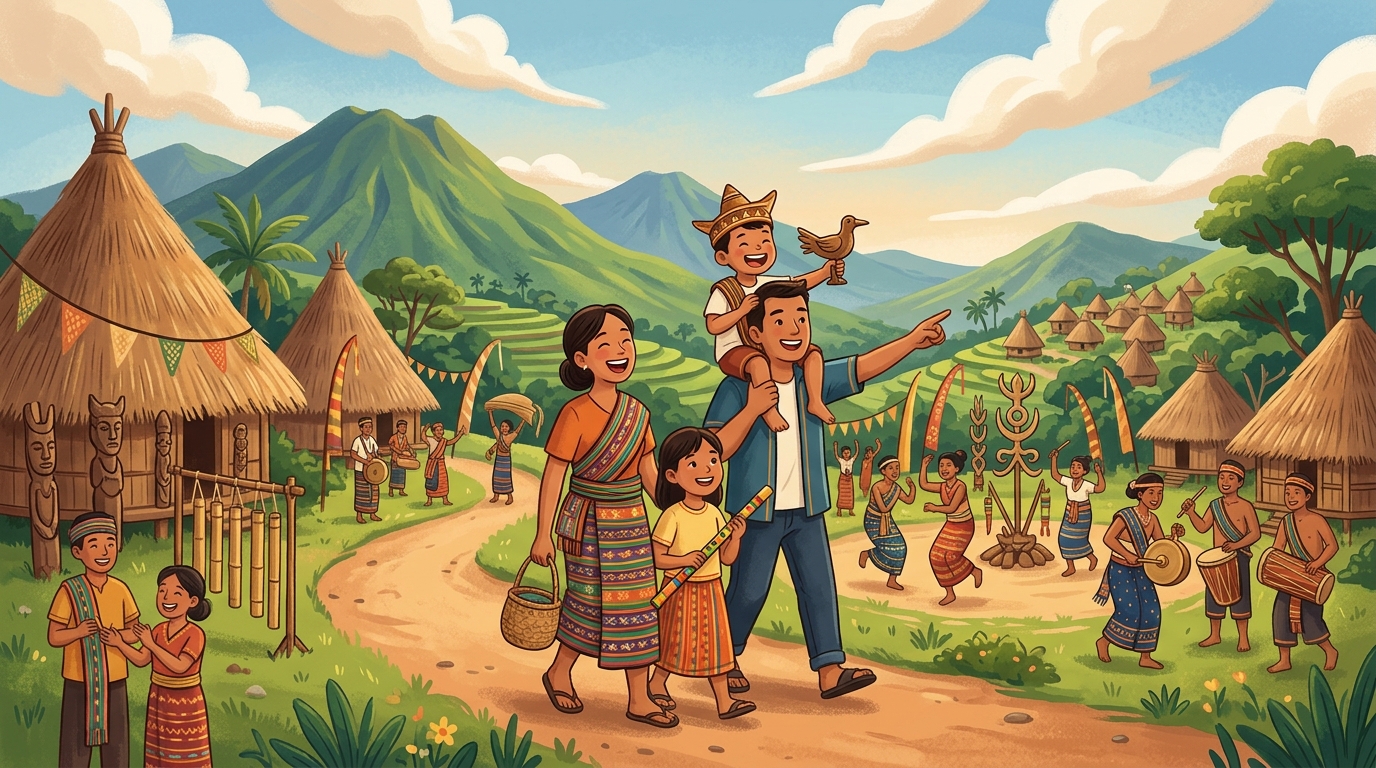 Cartoon illustration of a family at Ngada Regency: a three-day cultural celebration in Flores.