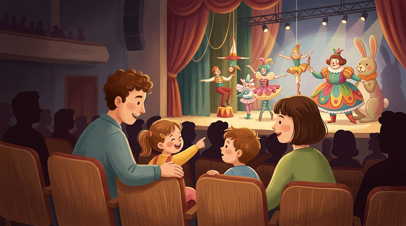 Cartoon illustration of a family at Main Hall, Thailand Cultural Centre: An all-ages Alice in Wonderland circus-theatre production with acrobatics and dance.