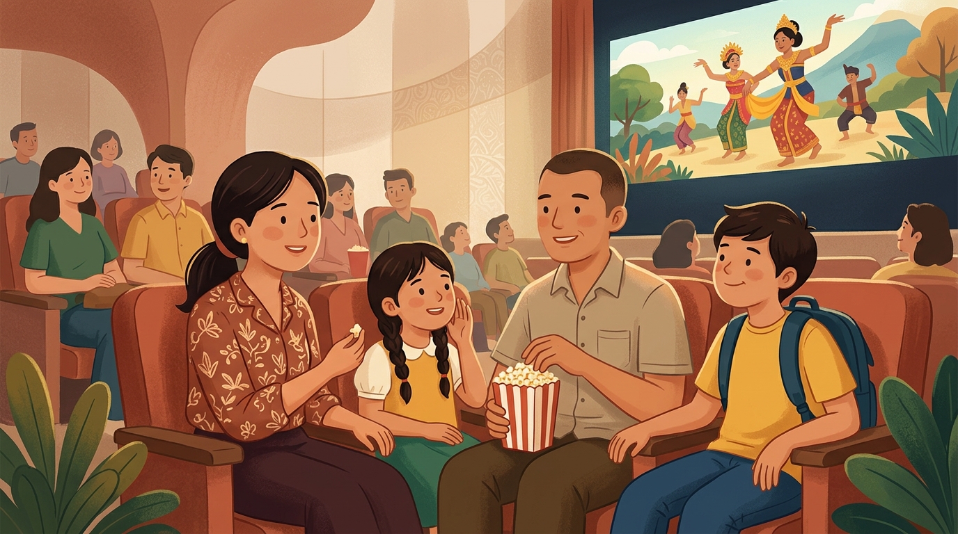 Cartoon illustration of a family at Multiple venues in Jakarta: indonesian cinema screenings and cultural programmes.
