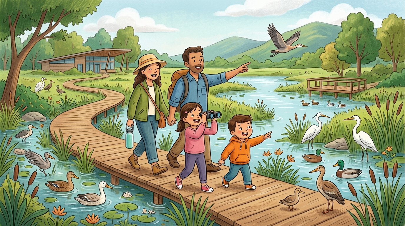 Cartoon illustration of a family at Hong Kong Wetland Park: wetland trails, wildlife watching and conservation learning.