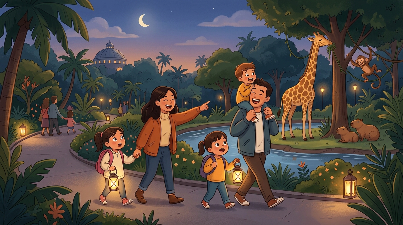 Cartoon illustration of a family at Ragunan Zoo: explore Ragunan Zoo during its Saturday night opening.