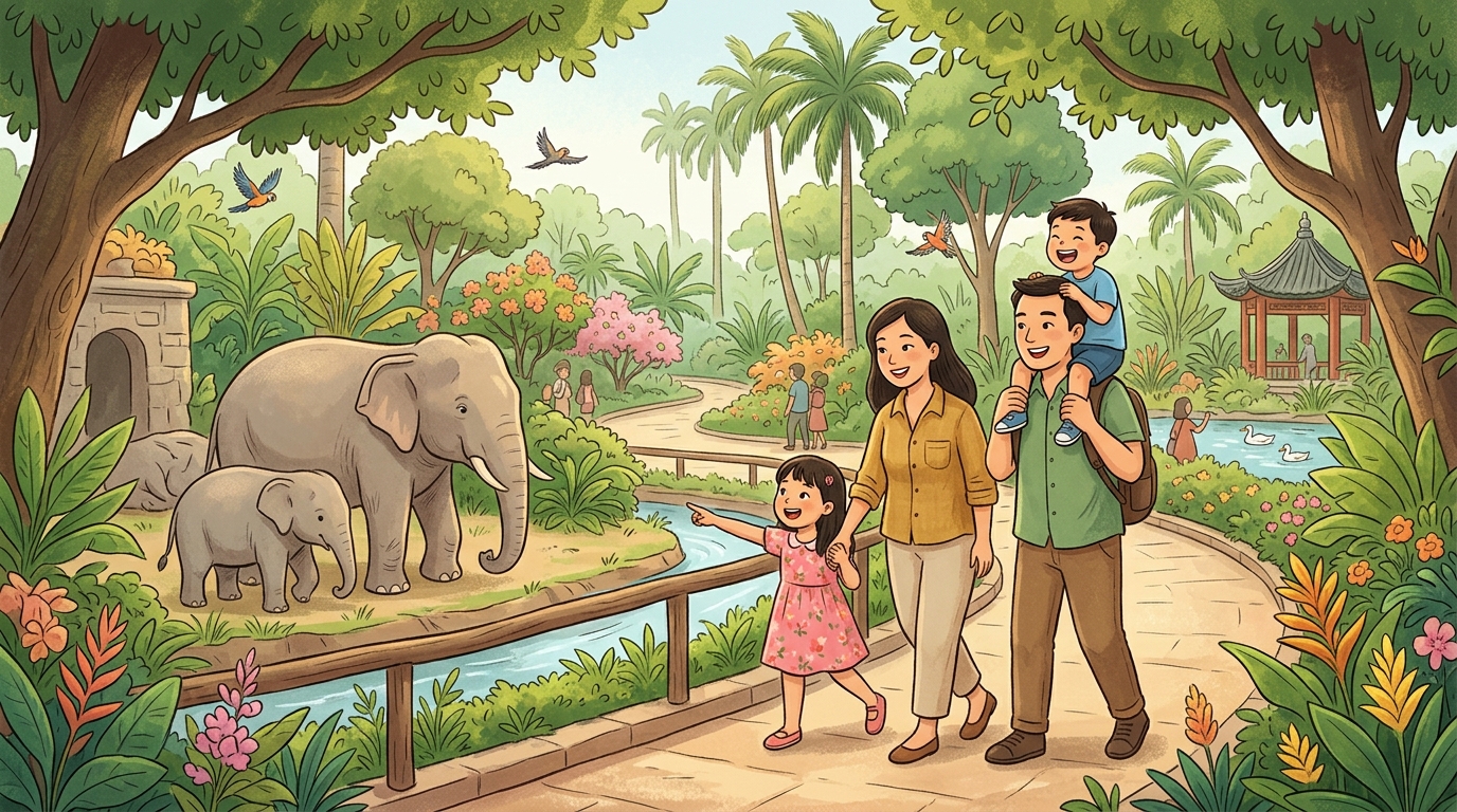 Cartoon illustration of a family at Saigon Zoo and Botanical Gardens, Ho Chi Minh City.