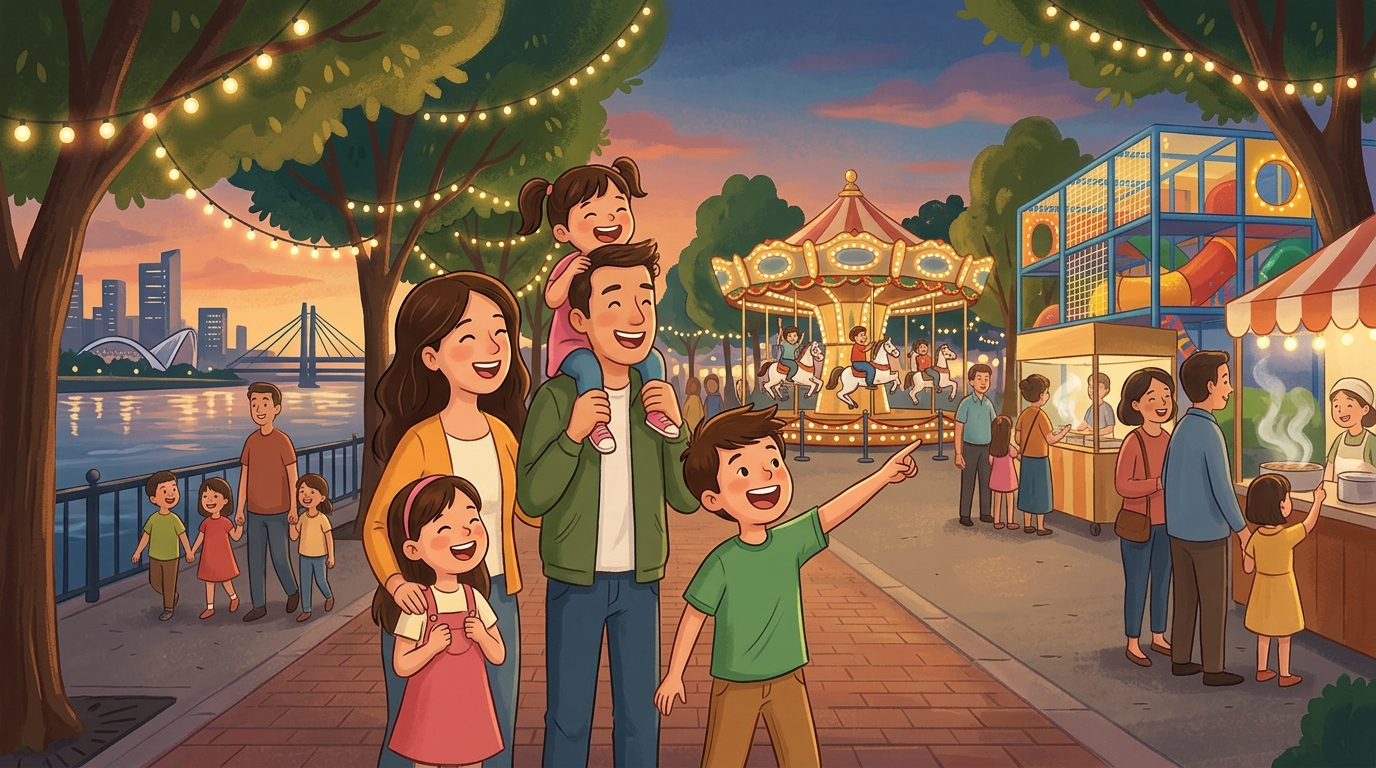 Cartoon illustration of a family at Da Nang Downtown, Da Nang.