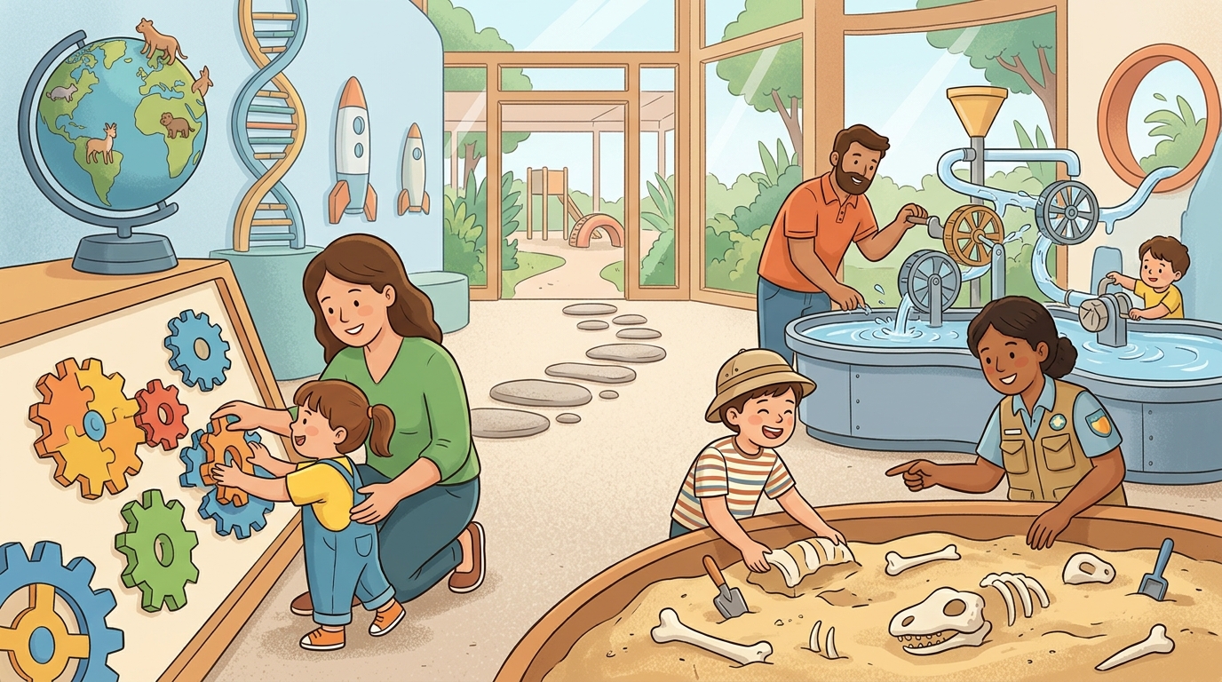 Cartoon illustration of a family at Children's Discovery Museum Bangkok 1, Bangkok.