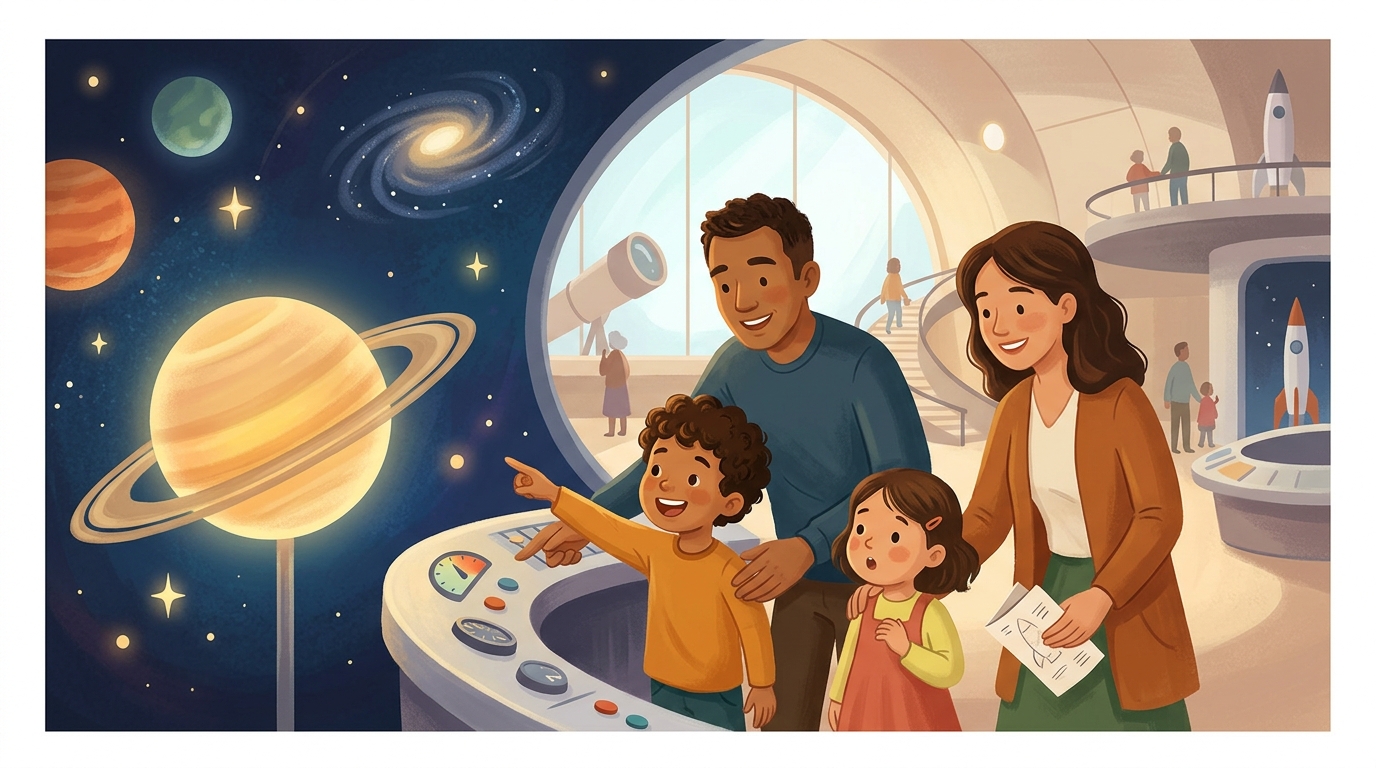 Cartoon illustration of a family at Taipei Astronomical Museum: astronomy exhibits and space learning in Shilin.