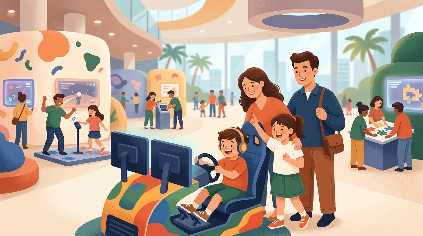 Cartoon illustration of a family at Queen Sirikit National Convention Center, Exhibition Halls 1 to 4, Level G: The public gaming exhibition and entertainment zone at QSNCC.