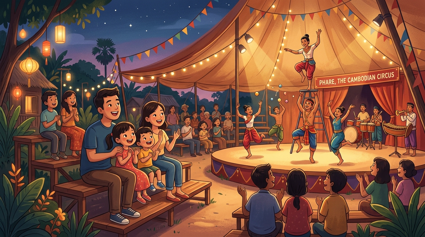 Cartoon illustration of a family at Phare, The Cambodian Circus: An all-ages Cambodian village story told through circus, dance, drama and live music.