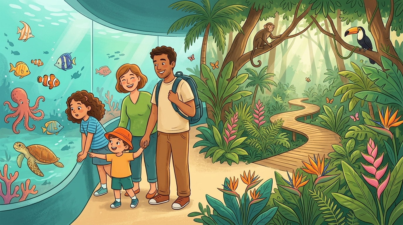 Cartoon illustration of a family at Manila Ocean Park: one ticket combining marine-life discovery with a tropical nature experience.