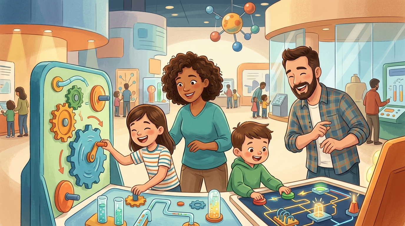 Cartoon illustration of a family at Hong Kong Science Museum: hands-on science exhibits for curious children and families.