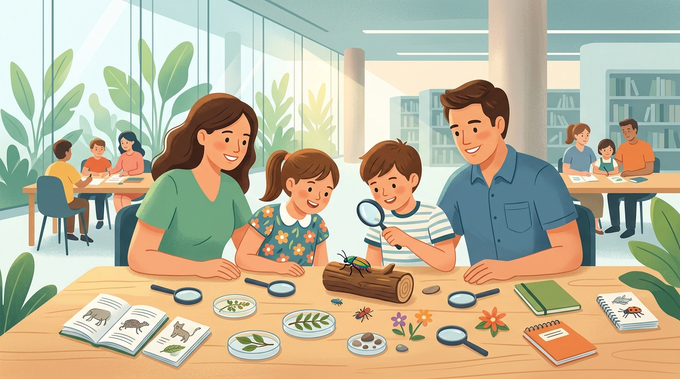 Cartoon illustration of a family at Central Public Library: hands-on nature learning about small creatures and ecosystems.