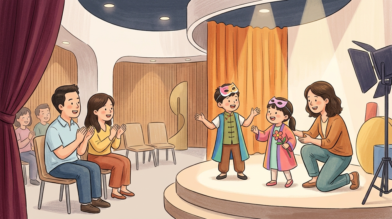Cartoon illustration of a family at KC Arts Centre - Home of SRT: A five-day Mandarin drama and performance camp for children aged 4 to 6.