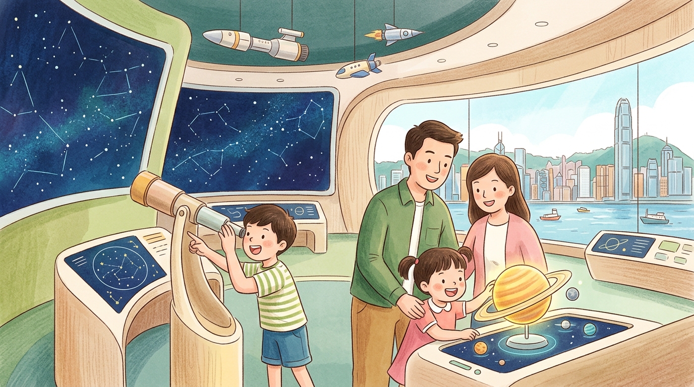 Cartoon illustration of a family at Hong Kong Space Museum: astronomy and space discovery beside Victoria Harbour.