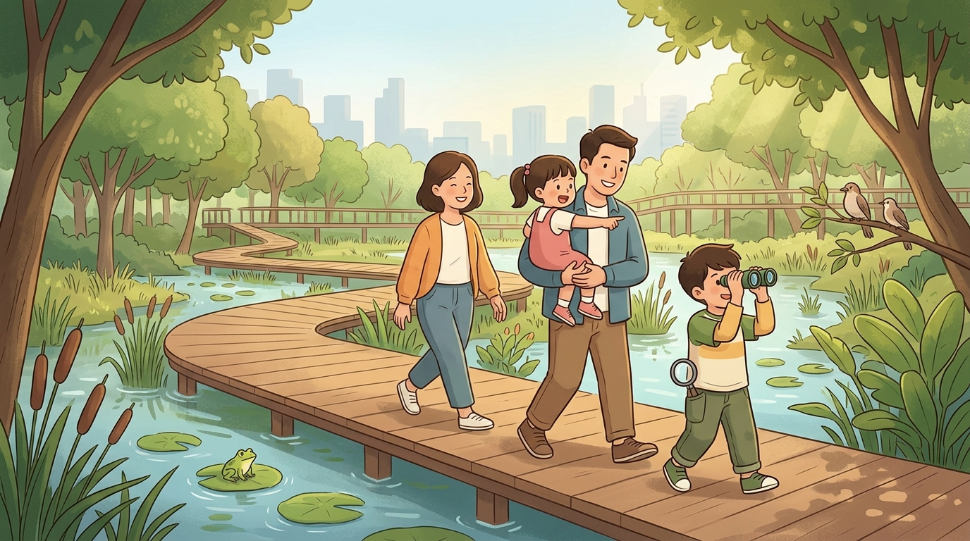 Cartoon illustration of a family at Benjakitti Forest Park, Bangkok.