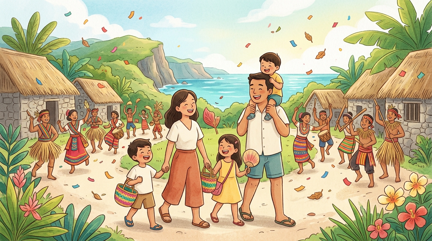 Cartoon illustration of a family at Basco: a cultural presentation celebrating Ivatan life, history and traditions.