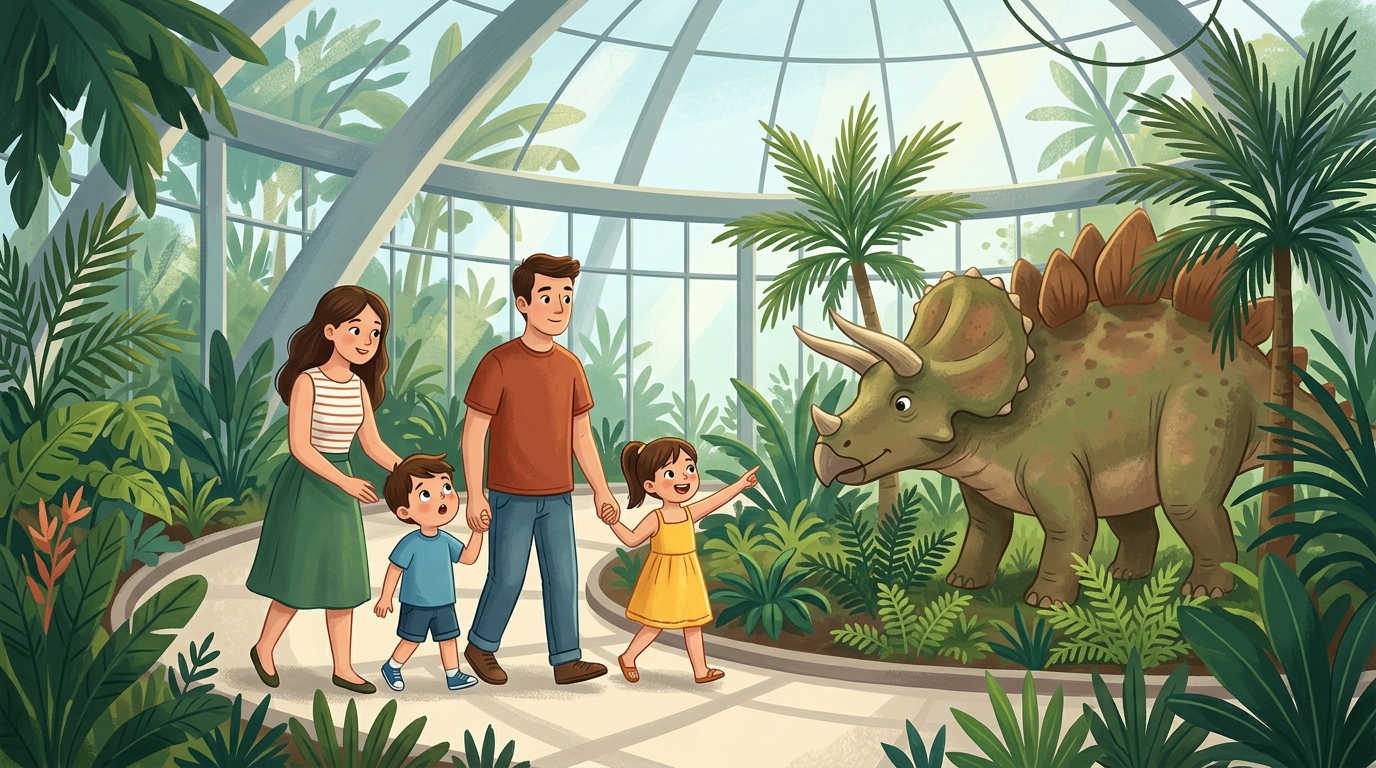 Cartoon illustration of a family at Cloud Forest, Gardens by the Bay: life-sized dinosaurs inside the Cloud Forest conservatory.