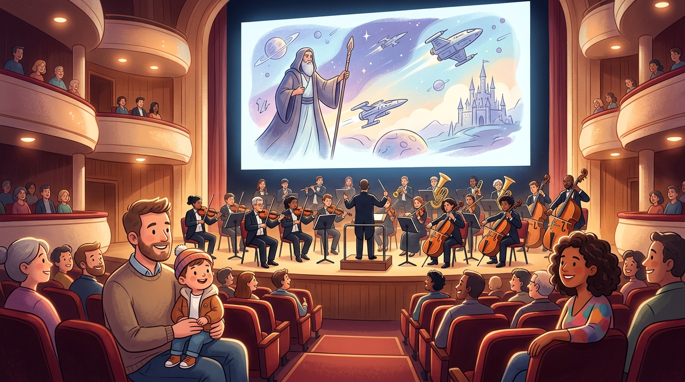 Cartoon illustration of a family at The Theatre at Solaire: A film-with-live-orchestra experience for audiences aged 3 and above.