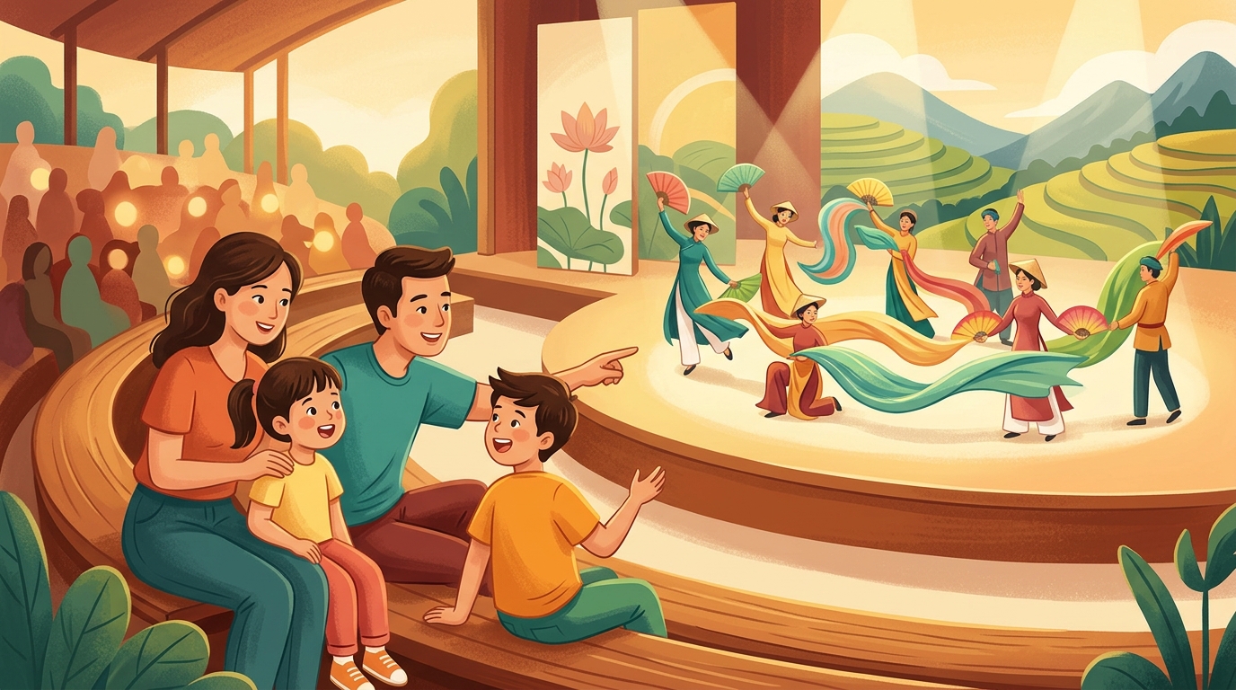Cartoon illustration of a family at VinWonders Vu Yen: an immersive family stage journey through Vietnamese history.