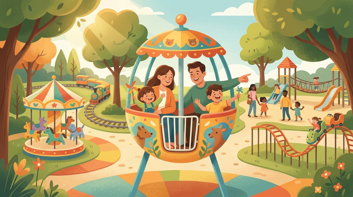 Cartoon illustration of a family at Taipei Children's Amusement Park: affordable rides and family play in Shilin.