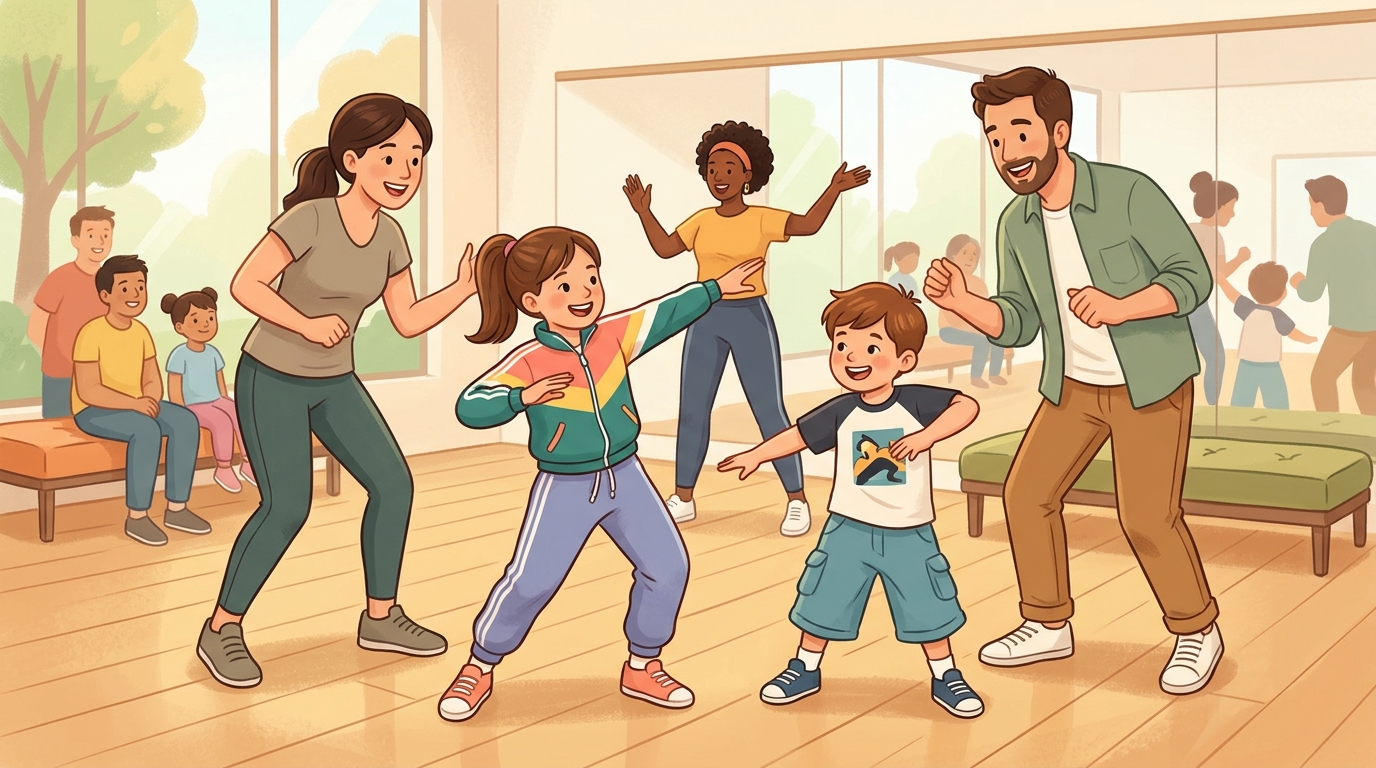 Cartoon illustration of a family at Studio, The Kuala Lumpur Performing Arts Centre (klpac): A one-hour K-pop dance class specifically scheduled for children aged 6 to 10.