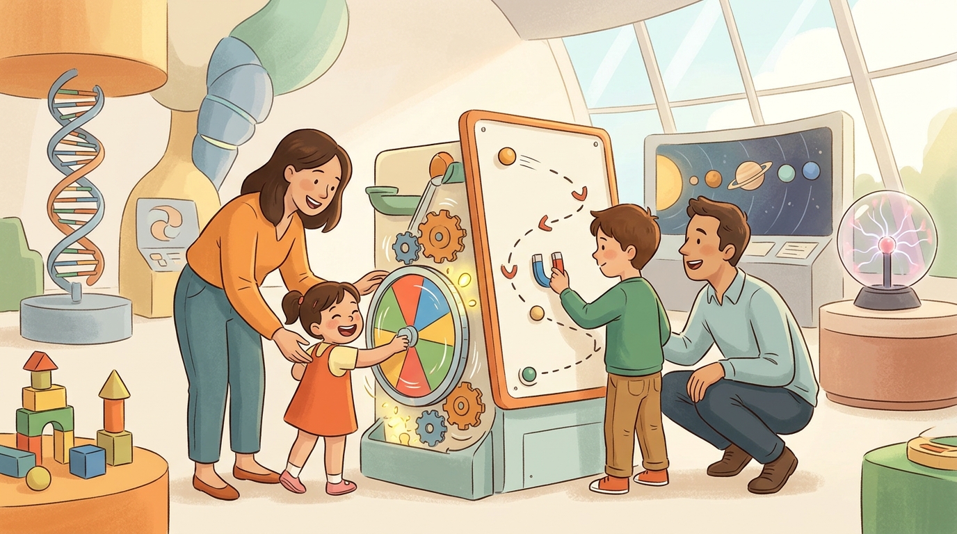 Cartoon illustration of a family at National Taiwan Science Education Center: interactive science learning for children and families.