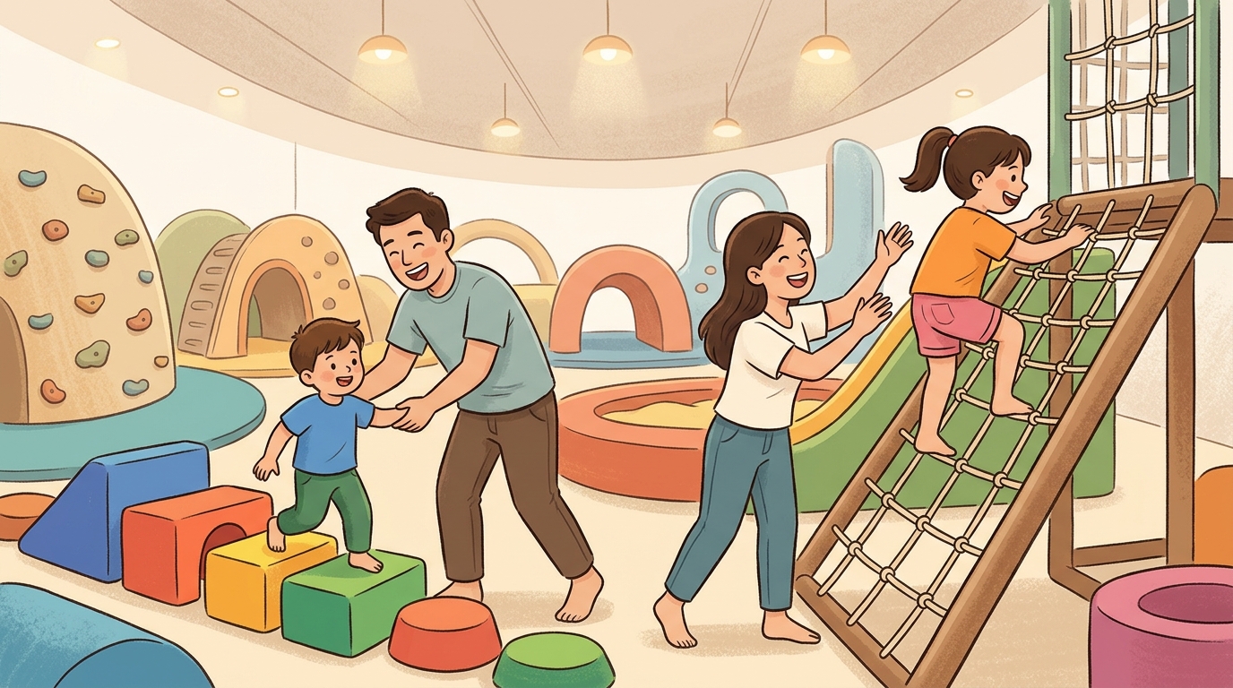 Cartoon illustration of a family at SuperPark Philippines: three hours of indoor active play across more than 20 family-friendly challenges.