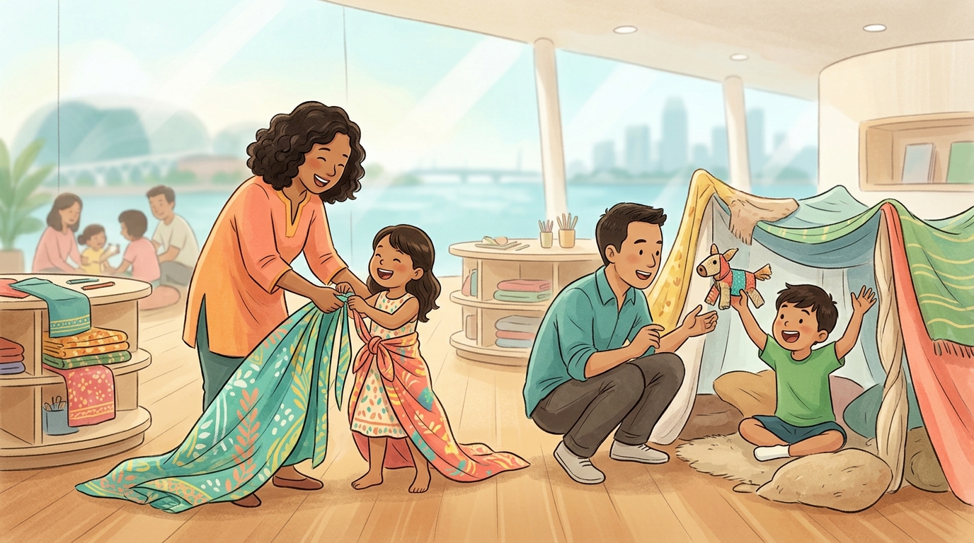 Cartoon illustration of a family at Esplanade: Theatres on the Bay: interactive theatre and imaginative play for children aged three to six.