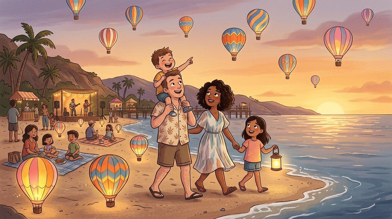 Cartoon illustration of a family at Lan Maharaj: colourful mini hot-air balloons, evening balloon glows and live music beside the beach.