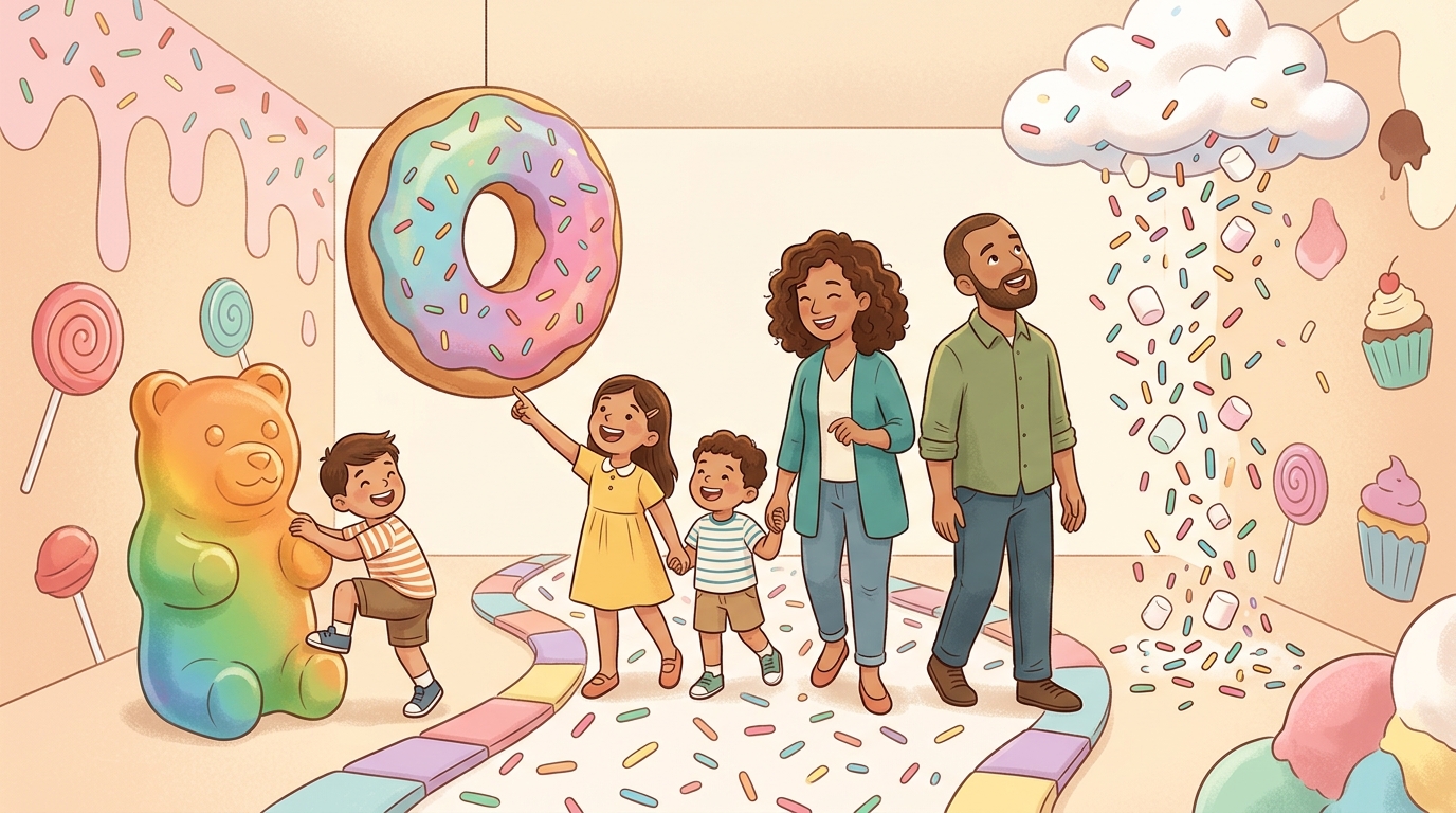 Cartoon illustration of a family at The Dessert Museum: a colorful guided museum experience through eight dessert-themed rooms.