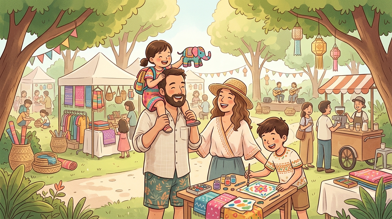 Cartoon illustration of a family at King Rama IX Commemorative Health Park, Phrae.