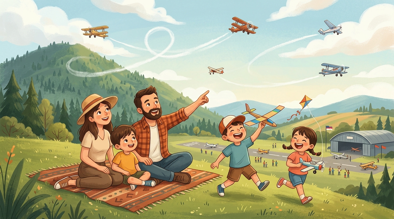 Cartoon illustration of a family at Taiping, Perak: a free family aviation festival in Taiping.