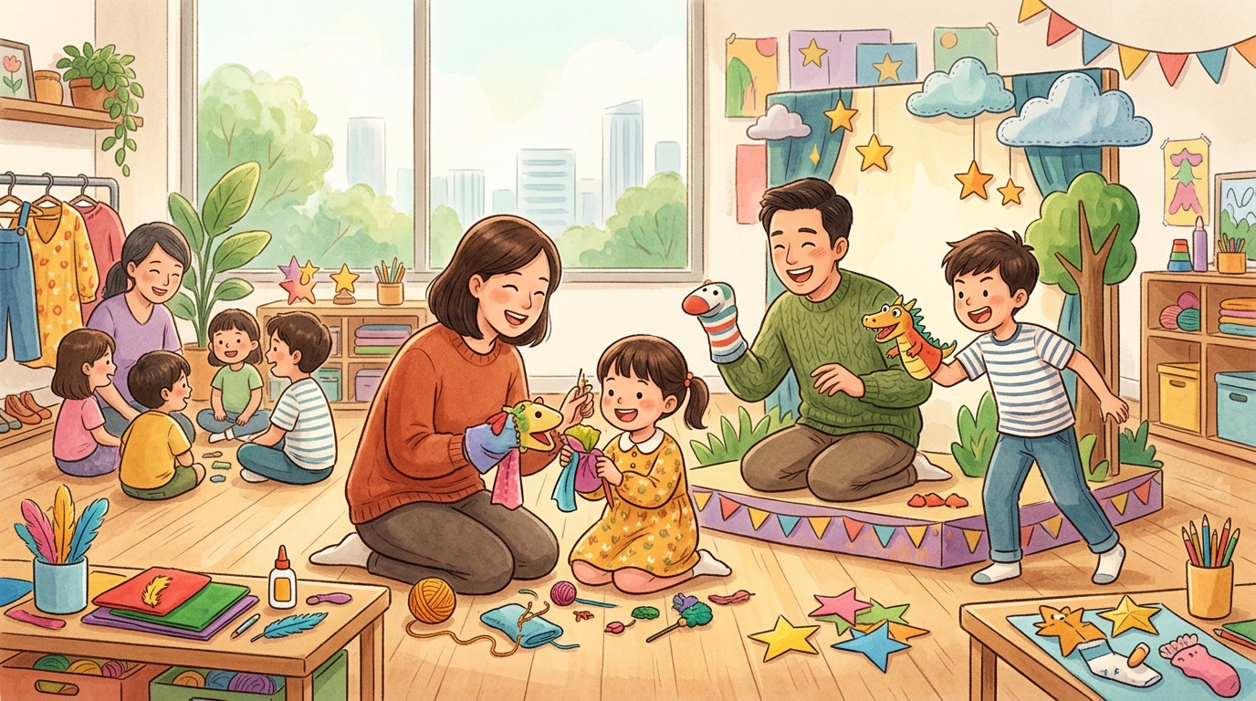 Cartoon illustration of a family at KC Arts Centre - Home of SRT, Rehearsal Studio: A one-hour parent-and-child theatre workshop linked to Junior and the Holiday Magic.