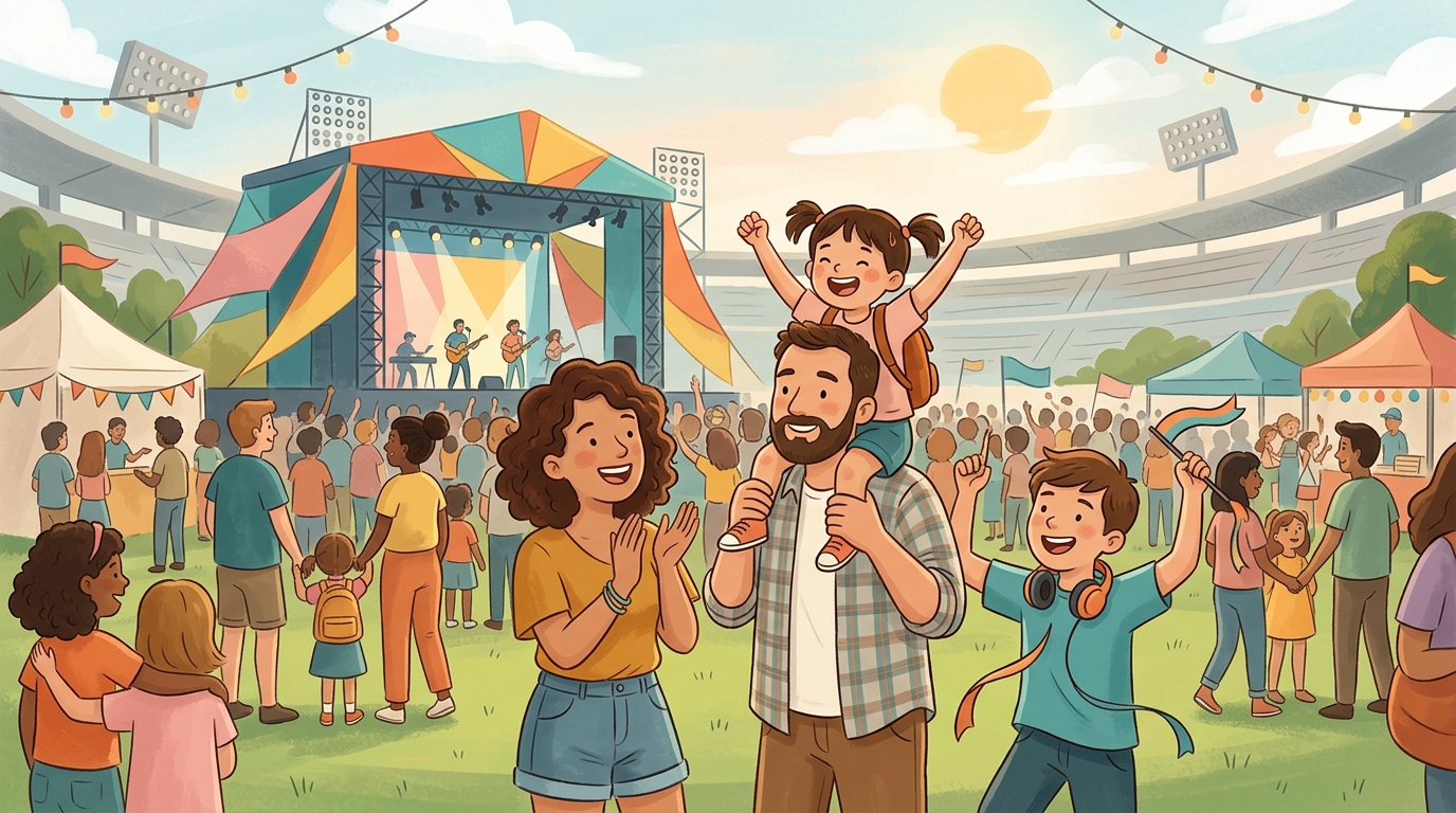Cartoon illustration of a family at National Hockey Stadium: a large all-day music festival for ages five and above.