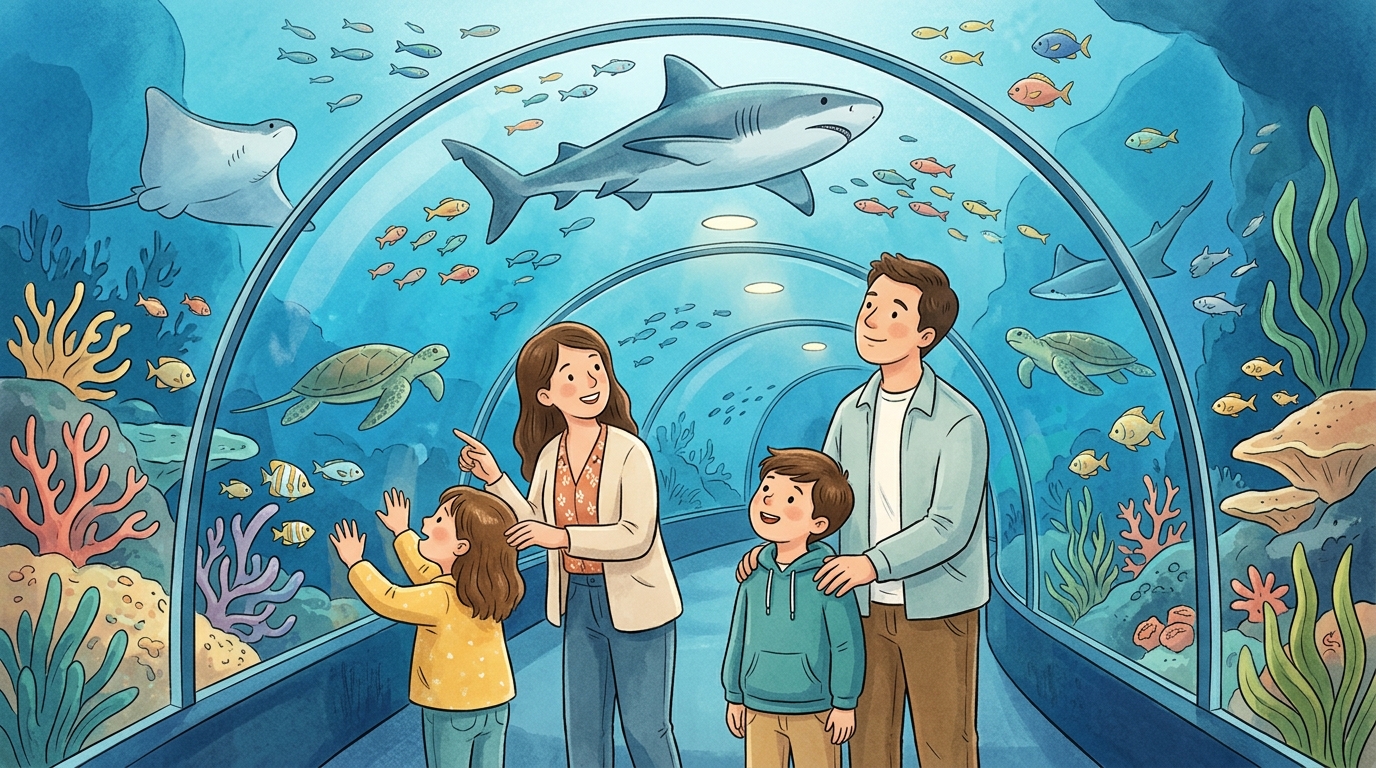 Cartoon illustration of a family at Aquaria KLCC: a family aquarium visit with underwater tunnel exhibits.