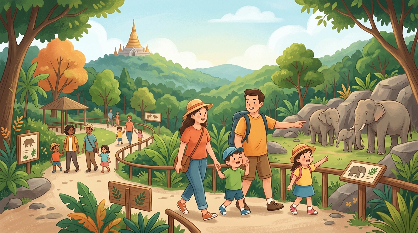 Cartoon illustration of a family at Chiang Mai Zoo, Chiang Mai.