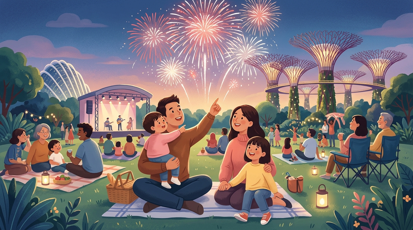 Cartoon illustration of a family at The Meadow, Gardens by the Bay: free National Day concert, family activities and fireworks.