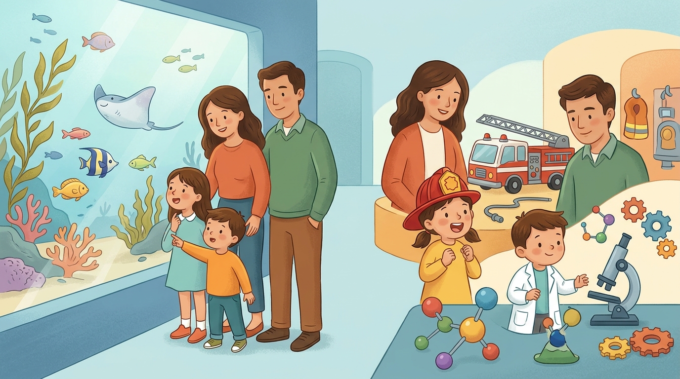 Cartoon illustration of a family at VinKE and Vinpearl Aquarium Times City, Hanoi.