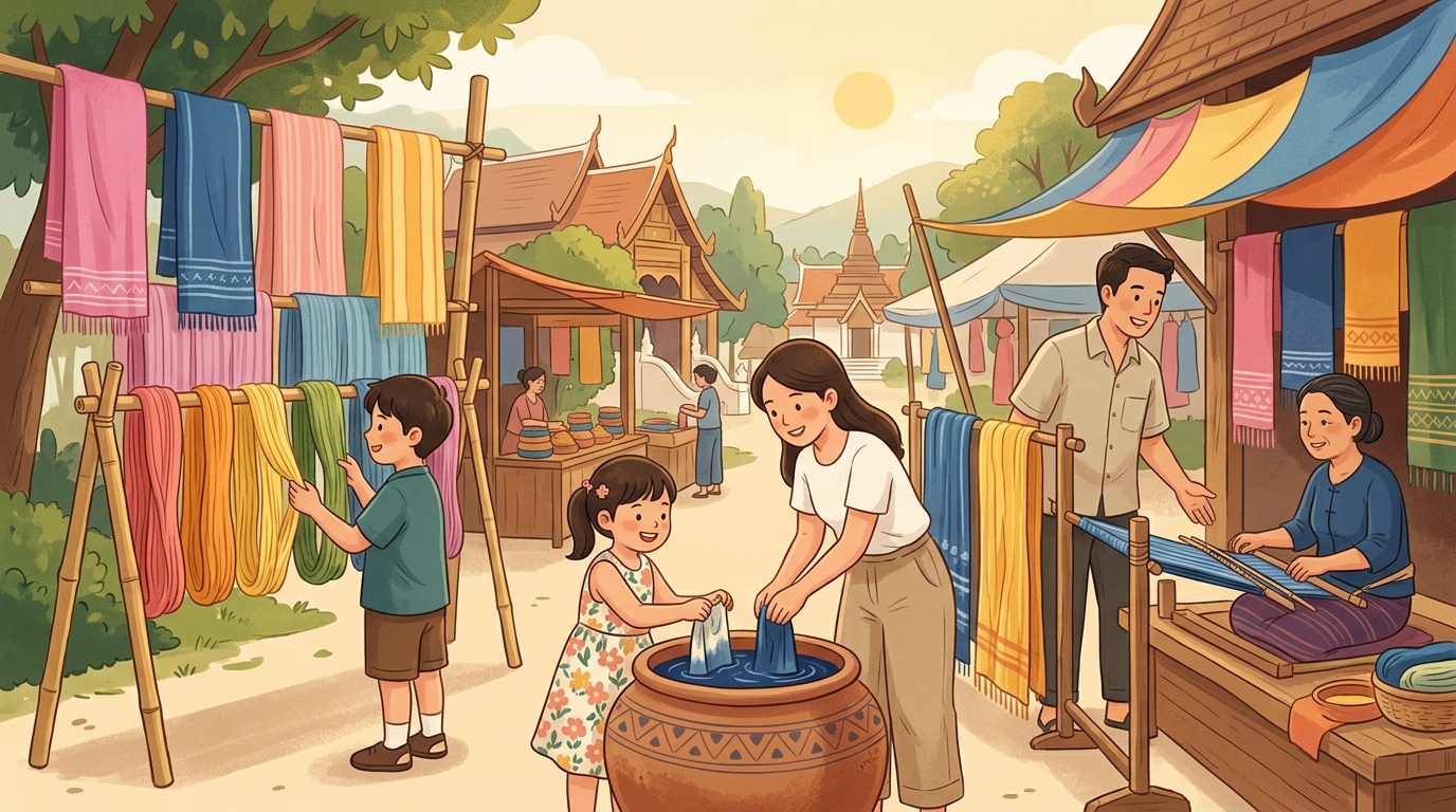 Cartoon illustration of a family at Central Lampang, Lampang.