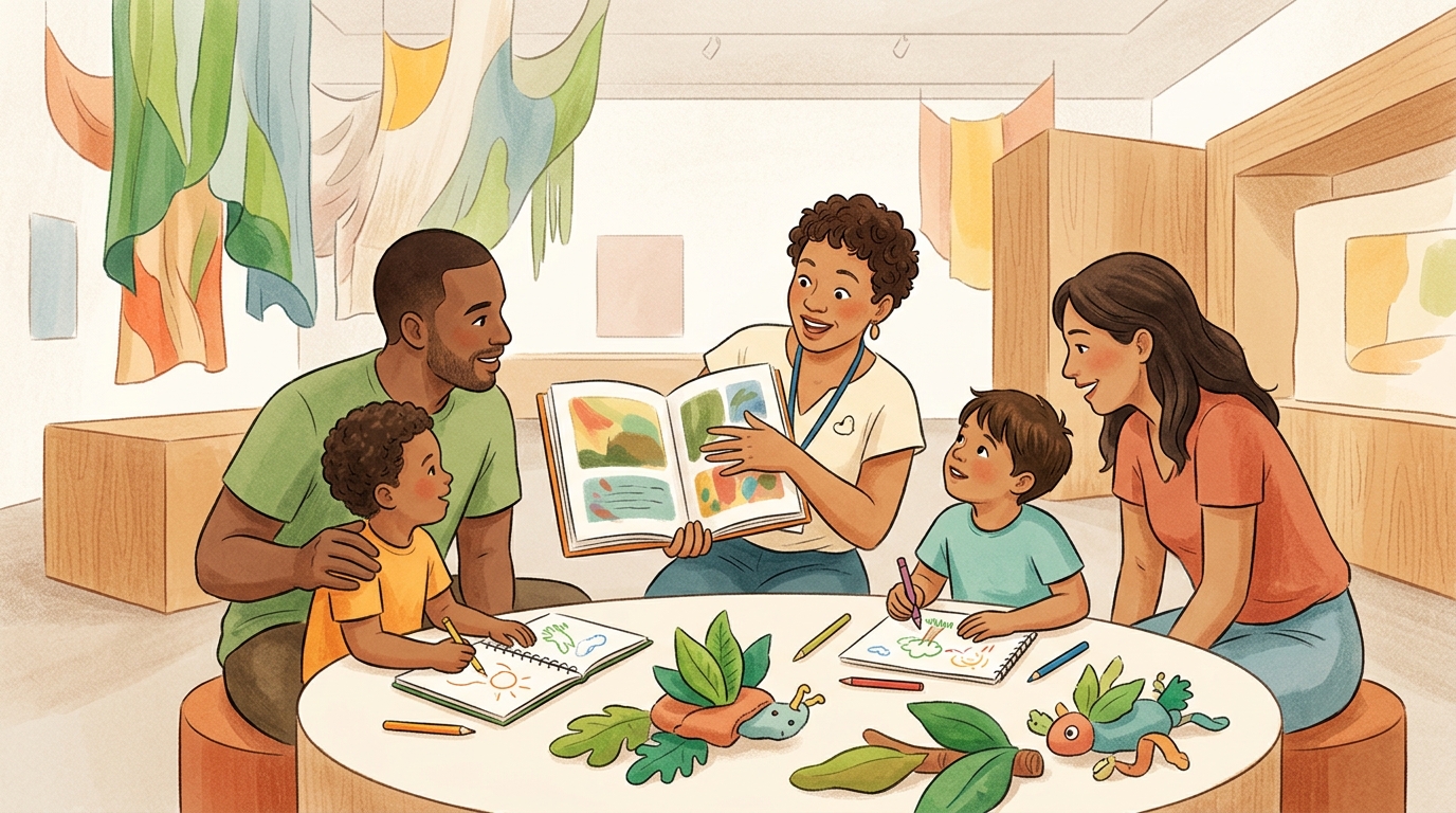 Cartoon illustration of a family at Singapore Art Museum at Tanjong Pagar Distripark to Level 1, Learning Gallery: A free storytelling and creative activity for ages 5 and above with an adult.