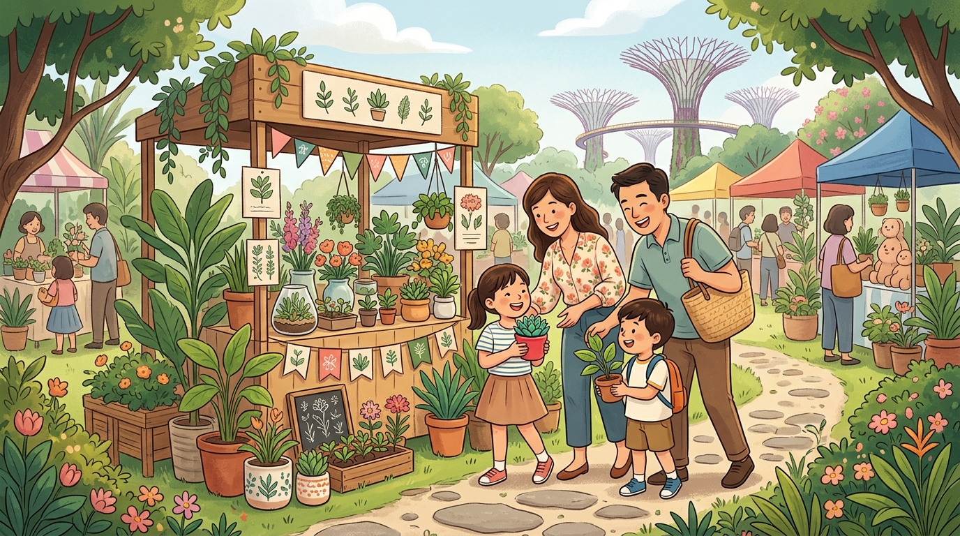 Cartoon illustration of a family at Ficus Room at Active Garden, Gardens by the Bay: a one-day community plant fair for curious families.