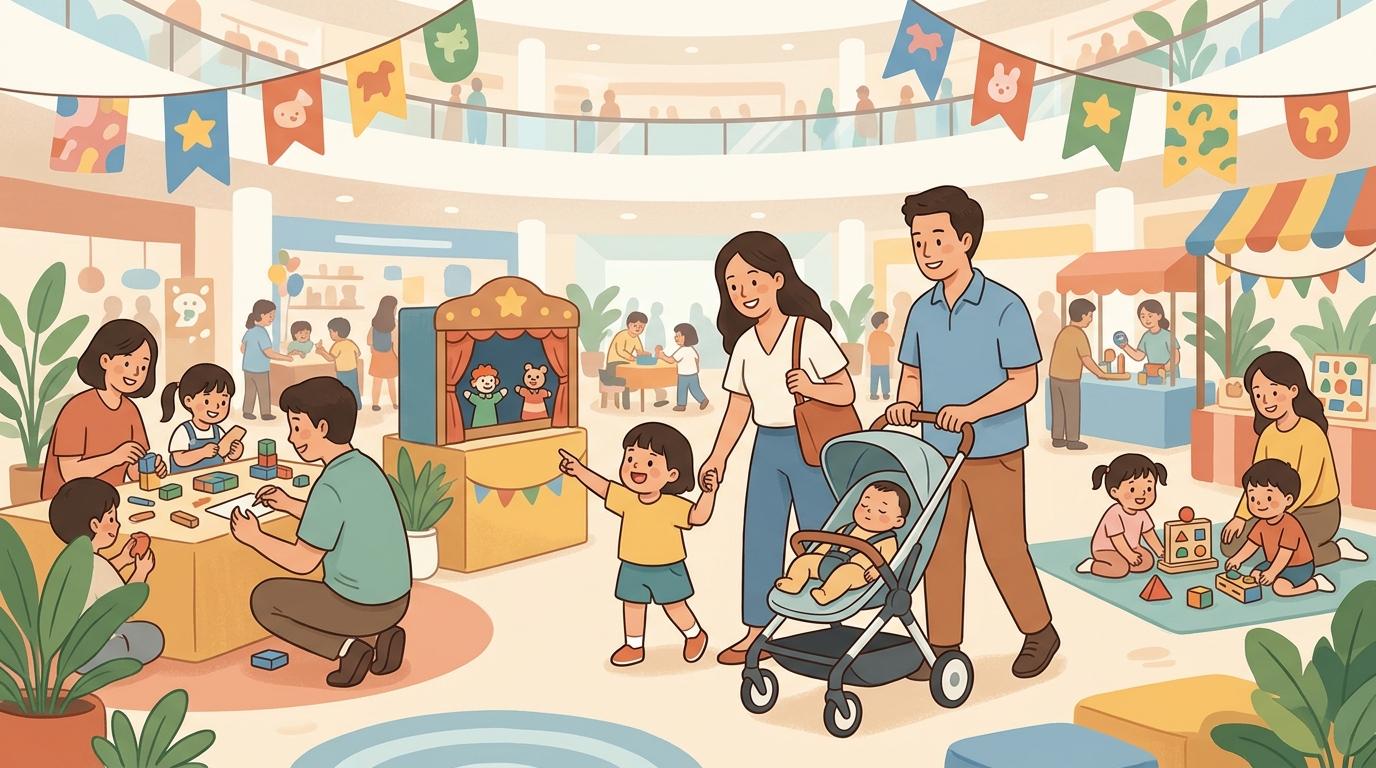 Cartoon illustration of a family at DONKI Mall Thonglor, 4F Main Hall and 3F Marche Area: A free Bangkok festival built around babies, parents and whole-family activities.